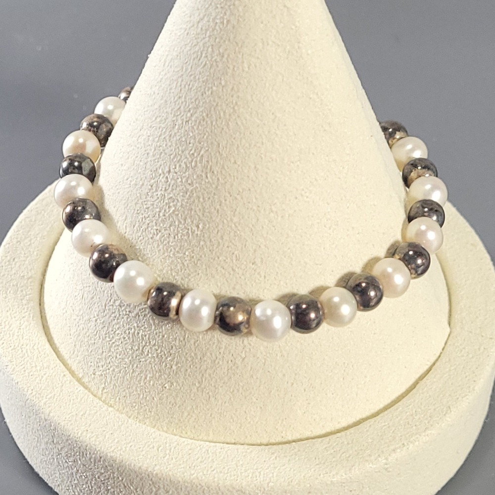 Sterling Silver Pearl Bracelet Womens 6.5 White Tahitian Beaded Toggle Clasp